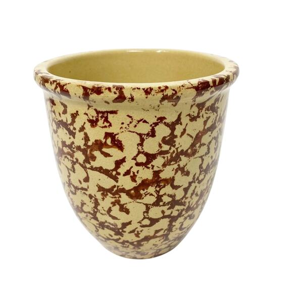 vintage brown tan spongeware pot stoneware crock art pottery 5.5" tall - Picture 1 of 8
